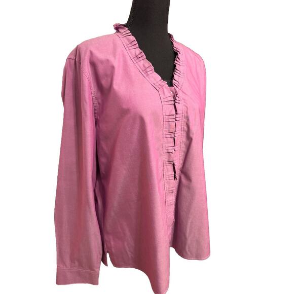 Orvis Blouse 18 Womens Button Up Shirt Ruffle Neck Iridescent Pink Purple Office - Picture 7 of 8